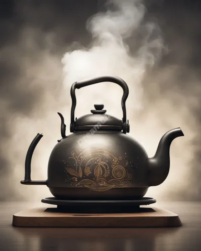 A steaming kettle with dream symbols rising in the vapor, symbolizing brewing thoughts and emotions.