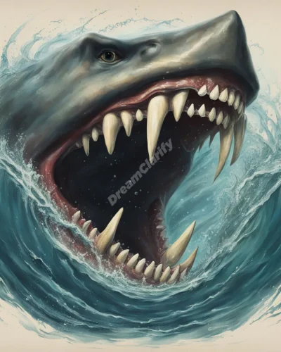 Massive jaws emerging from water, teeth forming a gateway to the subconscious, representing primal fears and power.