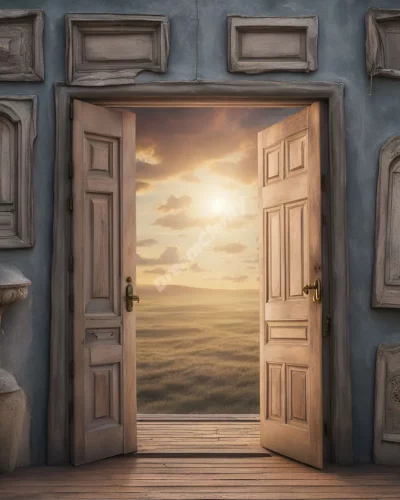 Doors and windows opening to reveal different realities, symbolizing portals in dreams.