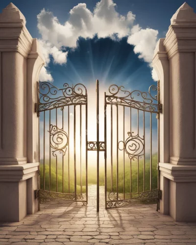 Heaven with gates opening to reveal dream symbols, representing spiritual aspirations.