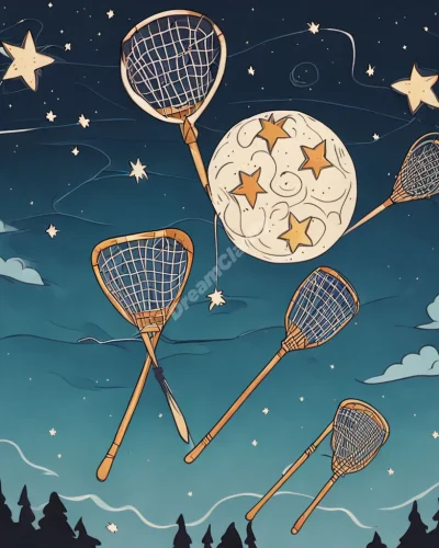 A lacrosse stick catching and throwing orbs containing different dream symbols across a starry sky.