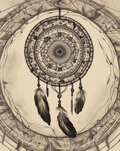 A dreamcatcher in the style of Native American art, with symbols from various tribes woven into its web, representing cultural wisdom.