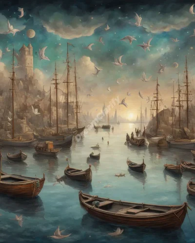 A mystical harbor with boats carrying dream symbols, set against a surreal sky, representing life's journeys and transitions.