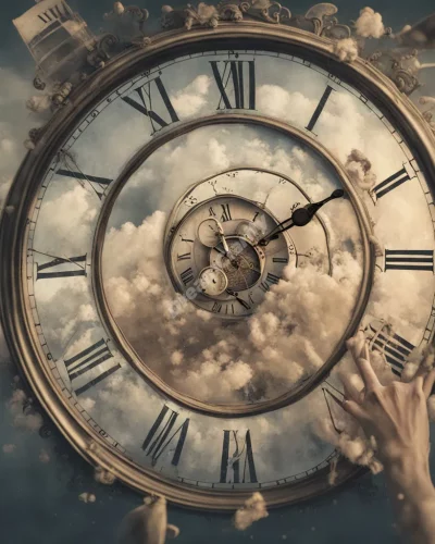 Clock hands spinning through different dream scenes, symbolizing time in dreams.