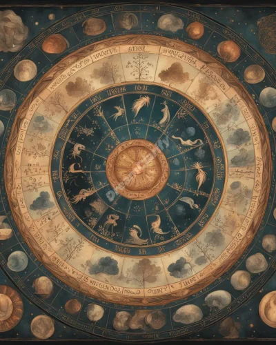 Zodiac wheel with each sign revealing a unique dreamscape, representing personal characteristics and life paths.