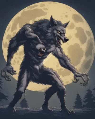 A werewolf transforming under a full moon, symbolizing primal instincts in werewolf dreams.