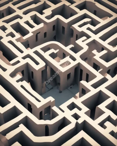 A maze with walls forming dream symbols, representing life's challenges and choices.