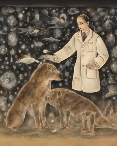 A veterinarian examining a glowing animal made of dream symbols, representing healing and care.