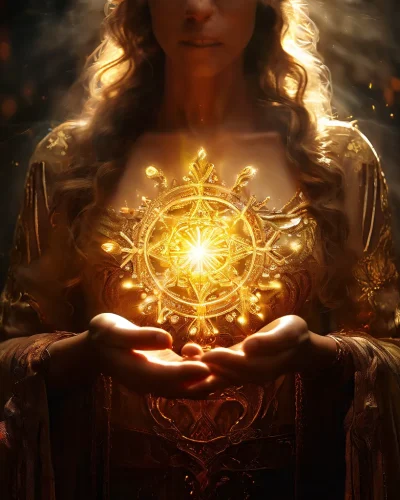 Golden light radiating from open hands, surrounded by symbols of prosperity, representing abundance in dreams.