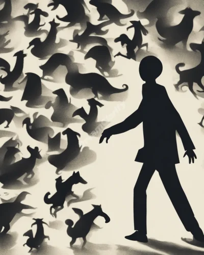 A figure being chased by shadowy forms that transform into positive symbols when confronted, representing facing one's fears.