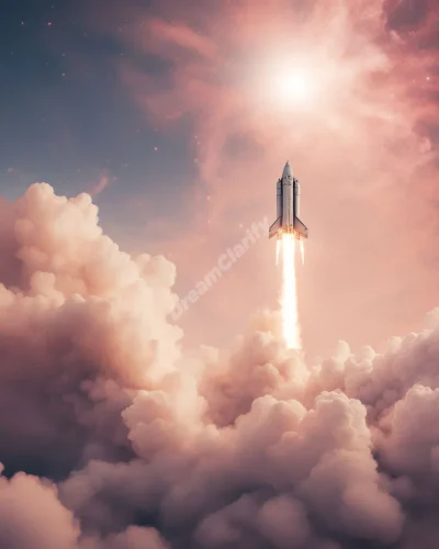 A rocket launching into a dreamy sky, representing new beginnings.