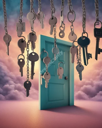 A key chain with various keys, each unlocking a different door in a surreal dreamscape.