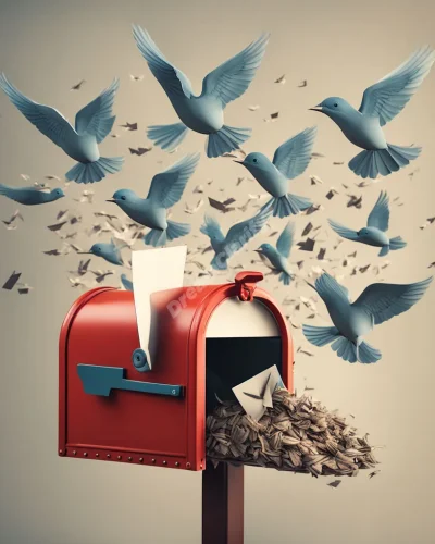 A mailbox opening to release a flock of letter-birds, each carrying a different message or symbol.