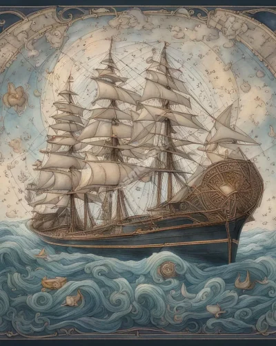 A naval ship navigating through waters filled with dream symbols, representing discipline and life's journey.