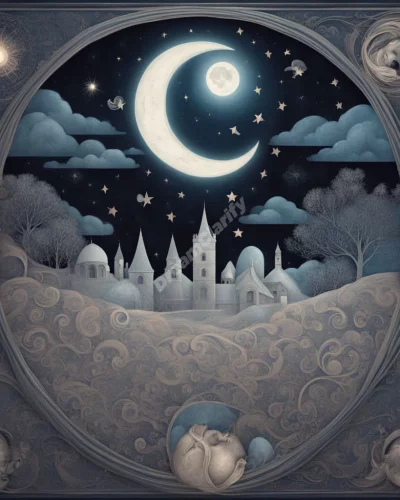 A moonlit dreamscape with glowing symbols, representing nighttime dreams.