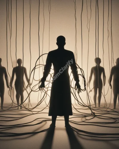 A figure bound by glowing ropes, with shadowy figures negotiating in the background, representing life's demands and compromises.