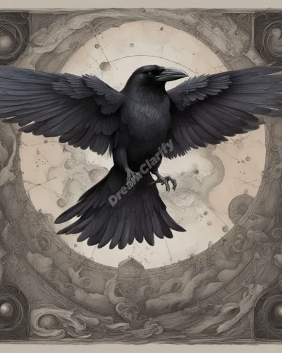 A raven transforming into various symbols as it flies through different dreamscapes, representing mystery and insight in raven dreams.