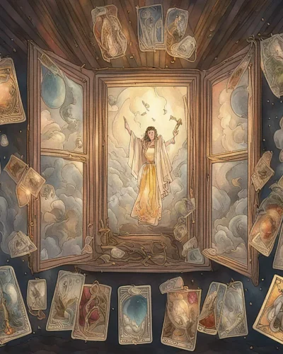 Tarot cards floating in a mystical space, each one opening a window to a different dream realm, symbolizing divination and fate.