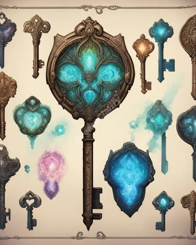 A mystical keymaker crafting keys that unlock doors to different dream realms, each key unique and glowing.