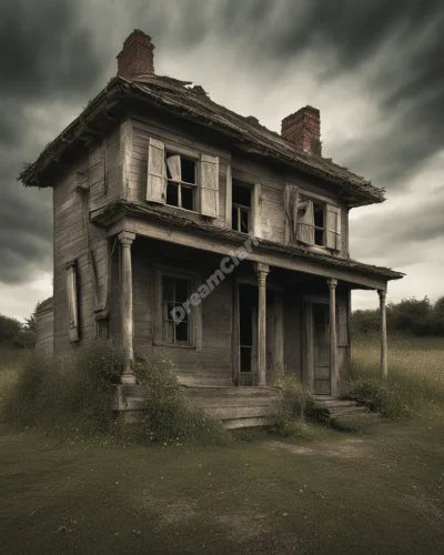 An old house with creaking doors revealing memories and dreams, representing nostalgia and the past.