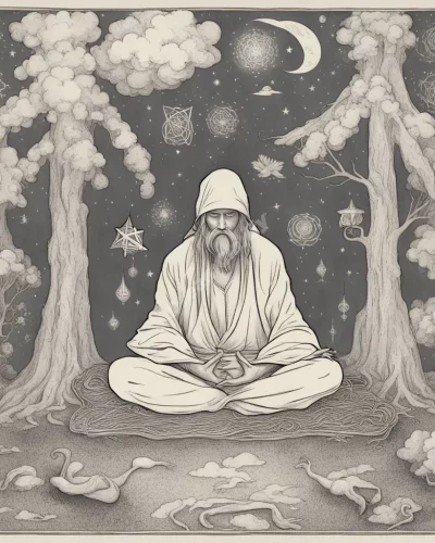 A hermit meditating with dream symbols, representing solitude.