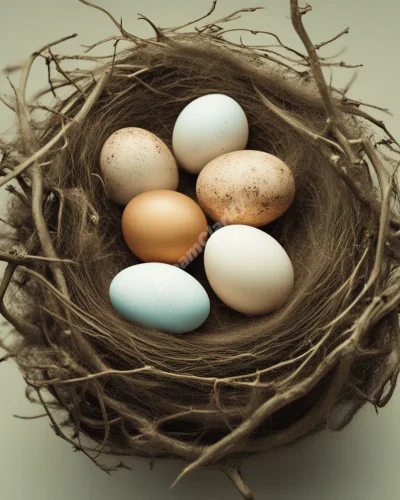 A bird's nest cradling various dream eggs, representing nurture and potential.