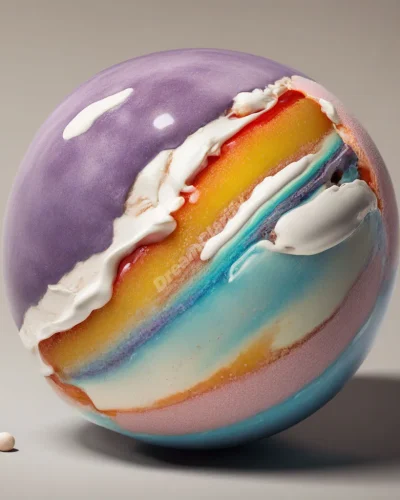 A giant jawbreaker with layers revealing different dream scenes as it dissolves, symbolizing the unraveling of life's sweetness and challenges.