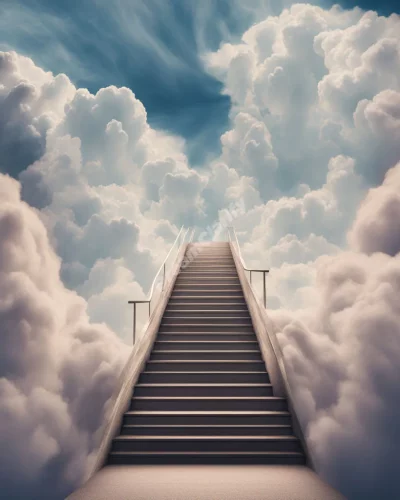 A staircase leading upwards through dream clouds, representing advancement dreams.