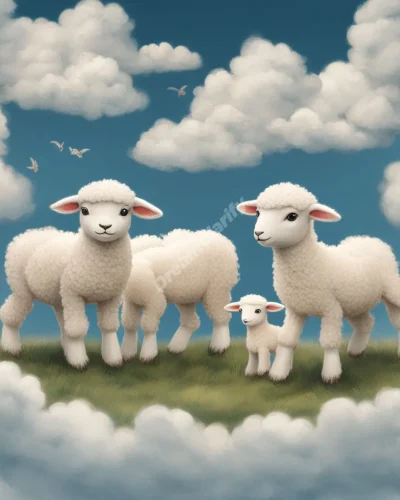 Lambs in a field of clouds, each wool tuft containing a different dream symbol, representing innocence and potential.