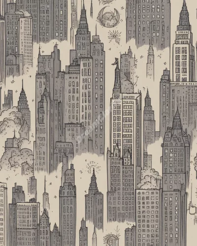 New York skyline with buildings made of dream symbols, representing urban life and ambition.