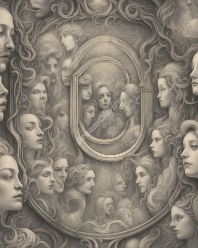 A mirror showing multiple reflections of the dreamer in different roles, symbolizing identity exploration and authenticity.