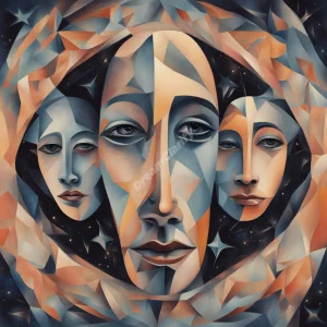 A mirror reflecting multiple abstract faces, blending and morphing, set against a starry background, representing the many facets of self.