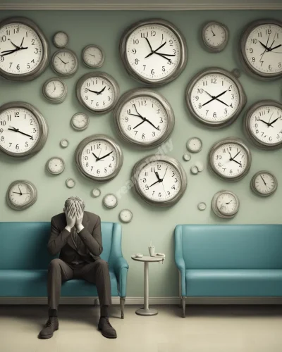 A figure in a surreal waiting room, clocks melting around them, representing patience and anticipation.