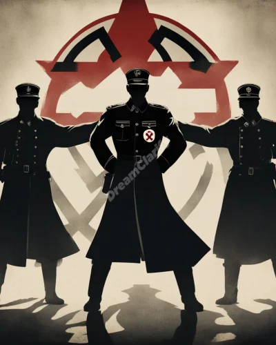 Shadowy figures in Nazi uniforms dissolving into symbols of transformation, representing confrontation of dark historical themes.