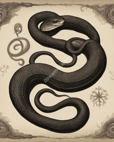 An adder snake coiled around dream symbols, representing hidden dangers.