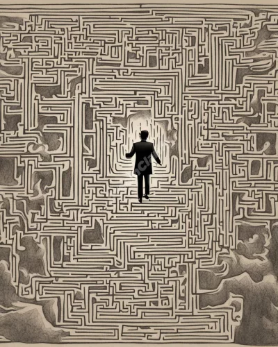 A figure guiding others through a dream maze, symbolizing leadership in dreams.