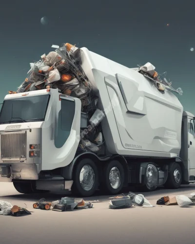 A futuristic garbage truck collecting and transforming discarded items into valuable objects, symbolizing renewal and hidden value.