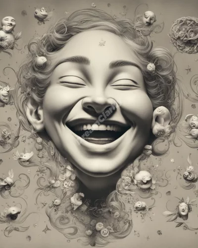 A figure laughing with floating dream symbols, representing humor and insight.