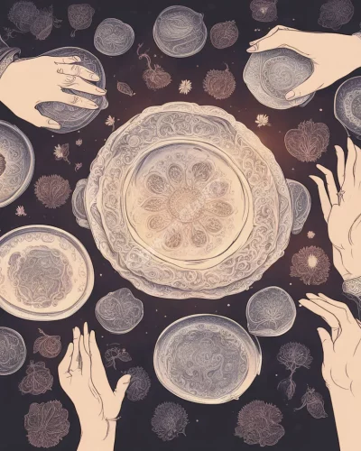 Hands offering plates of glowing dream symbols, representing serving food dreams.