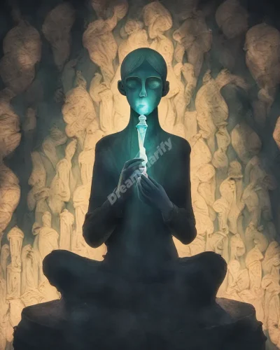 A figure holding a glowing vial, surrounded by shadowy figures, representing the hidden meanings of venereal disease dreams.