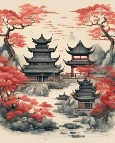 A Chinese landscape with traditional symbols coming to life, representing China dreams.