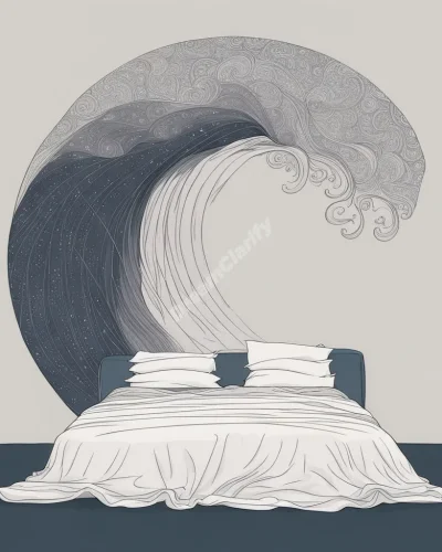 A bed with sheets transforming into waves of dreams, symbolizing rest and the subconscious.