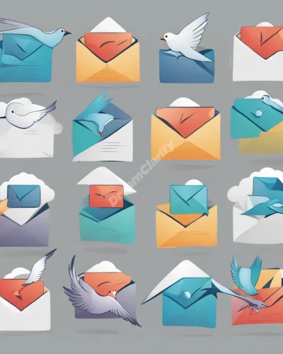 Email icons transforming into birds carrying messages between different dreamscapes, symbolizing modern communication and subconscious connections.