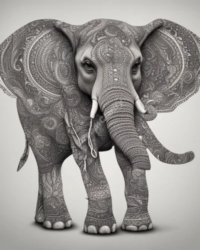 An elephant with intricate patterns on its skin, each telling a different dream story, representing memory and wisdom.