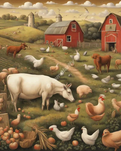 A farm scene with surreal elements, each crop or animal symbolizing different aspects of the dreamer's life.