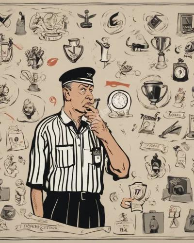 A referee blowing a whistle, surrounded by symbols of fairness and judgment.