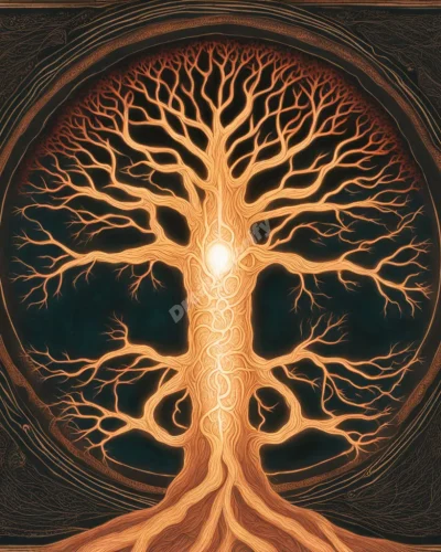 Testicles glowing and connected to a tree of life, symbolizing masculinity, fertility, and the roots of creation.