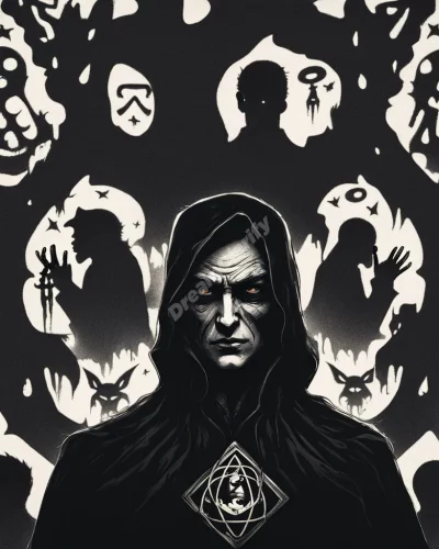 Dark, shadowy figures representing evil, surrounded by fear symbols.