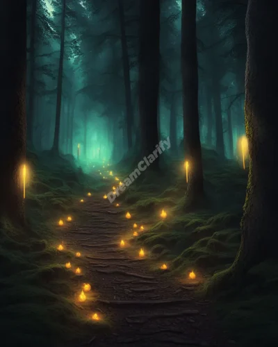 A path through a dark forest with glowing danger signs, representing life's risks and the courage to face them.