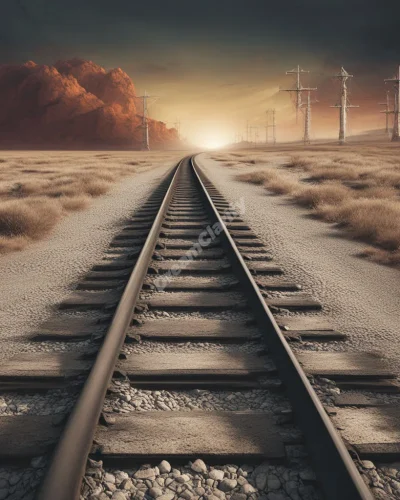 Train tracks weaving through surreal landscapes, representing life's journey and predetermined paths.